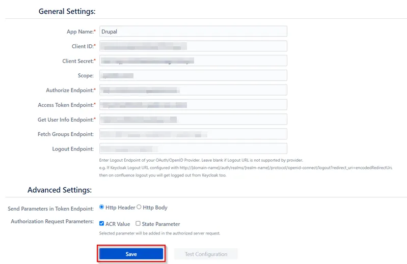 drupal oauth server Confluence save configuration