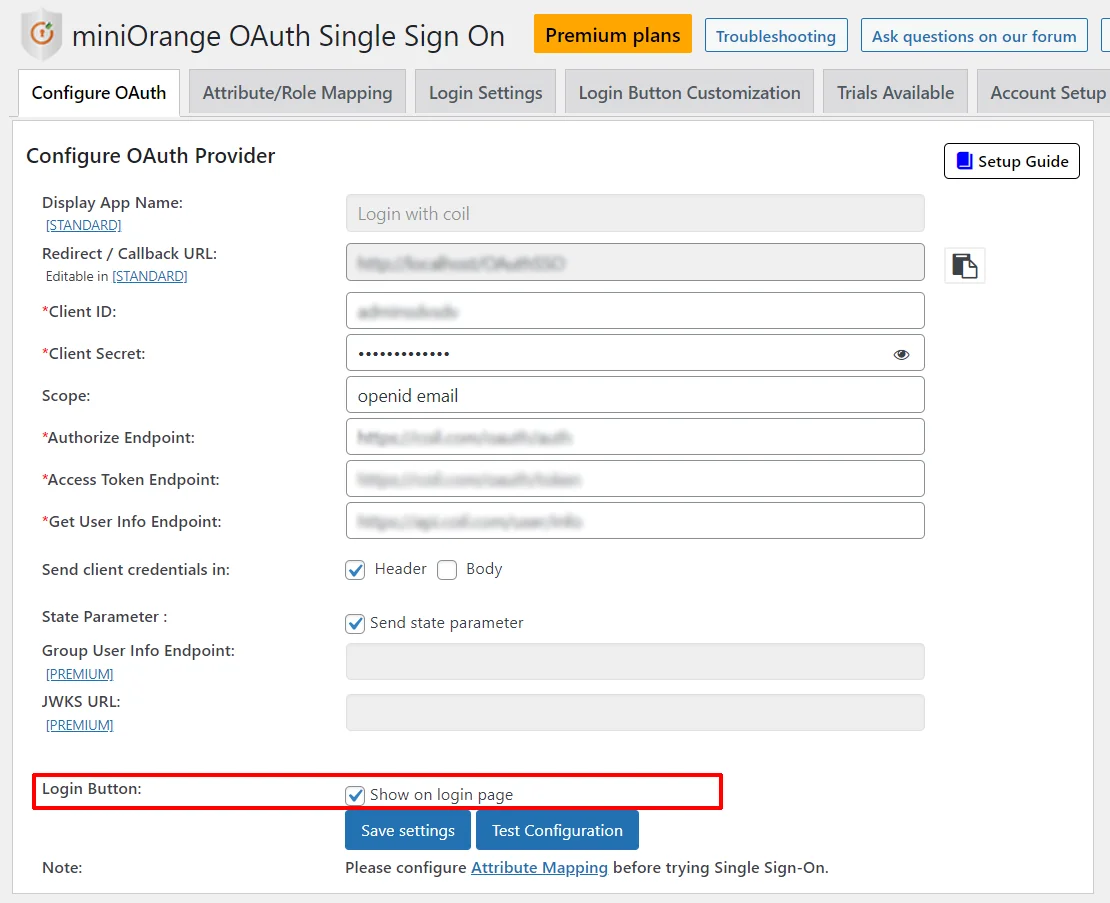 Coil Single Sign-on (SSO) - WordPress create-newclient login button setting