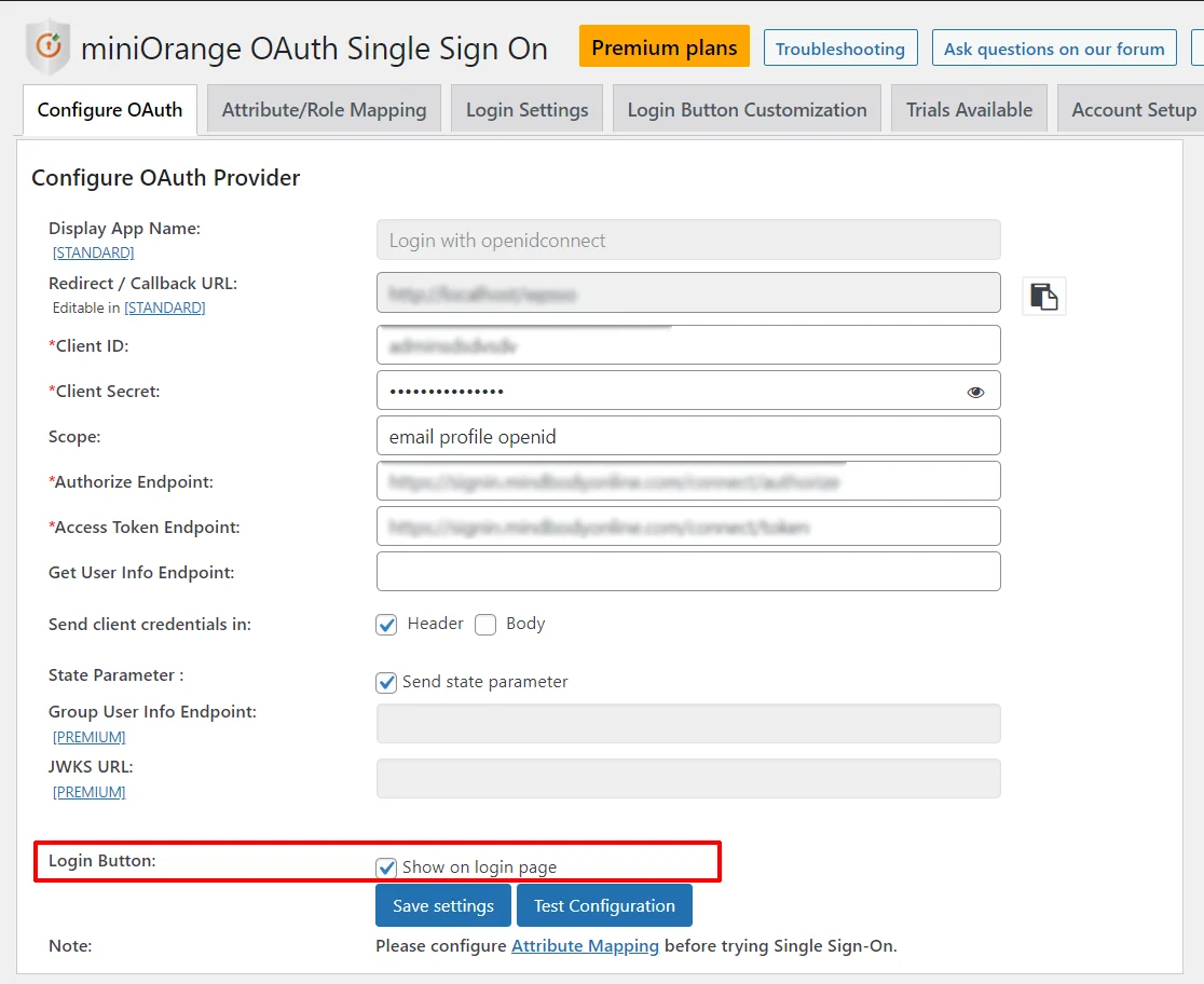 SecureAuth Single Sign-on (SSO) - WordPress create-newclient login button setting