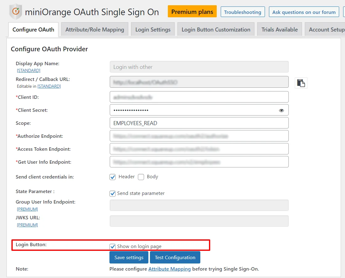 Square Single Sign-on (SSO) - WordPress create-newclient login button setting