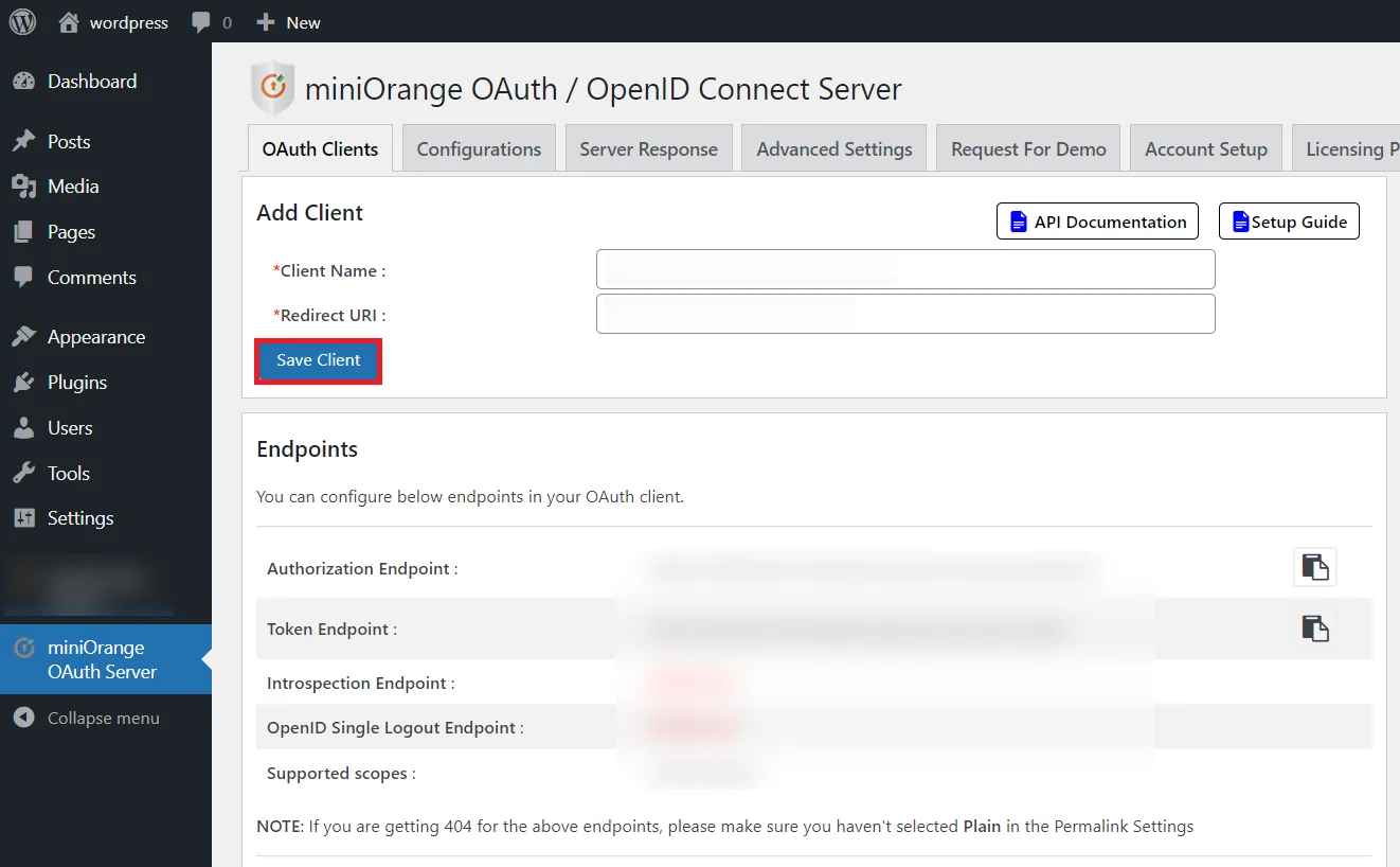 OAuth server Authorized Redirect URI 