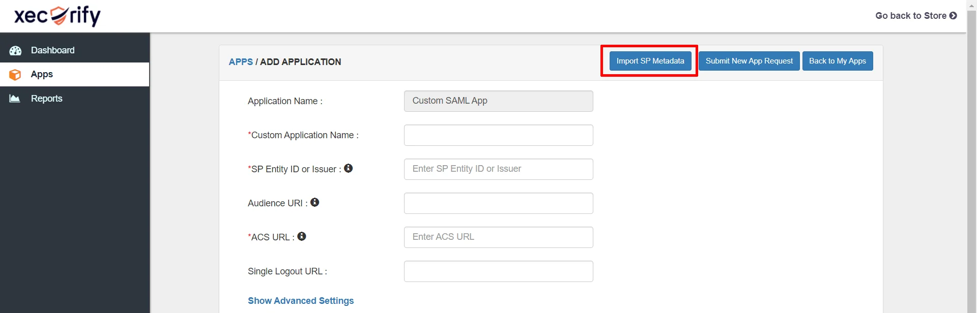 Single Sign-On (SSO) for Shopify (Plus and Non Plus), SAML SSO, import SP metadata