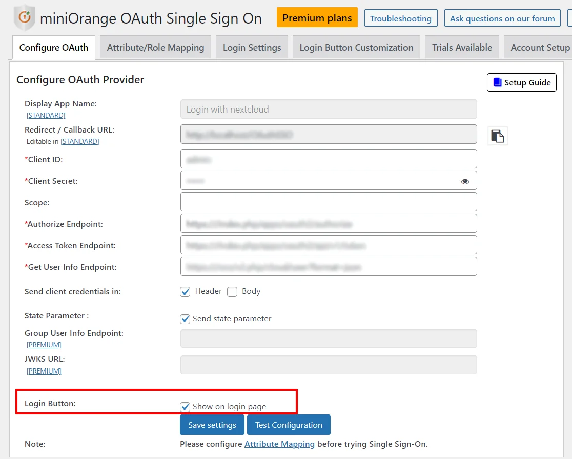 NextCloud Single Sign-on (SSO) - WordPress create-newclient login button setting