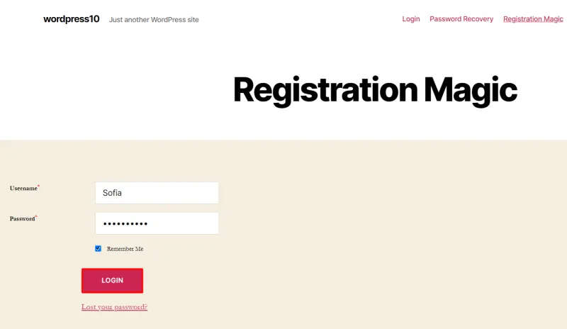 2FA RegistrationMagic login form - Enter your username and password