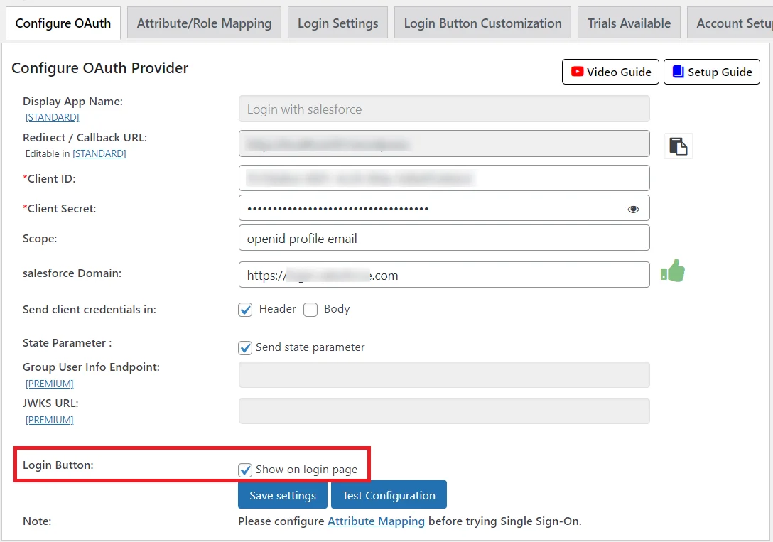 Salesforce Single Sign-On (SSO) login - ess create-newclient login button setting