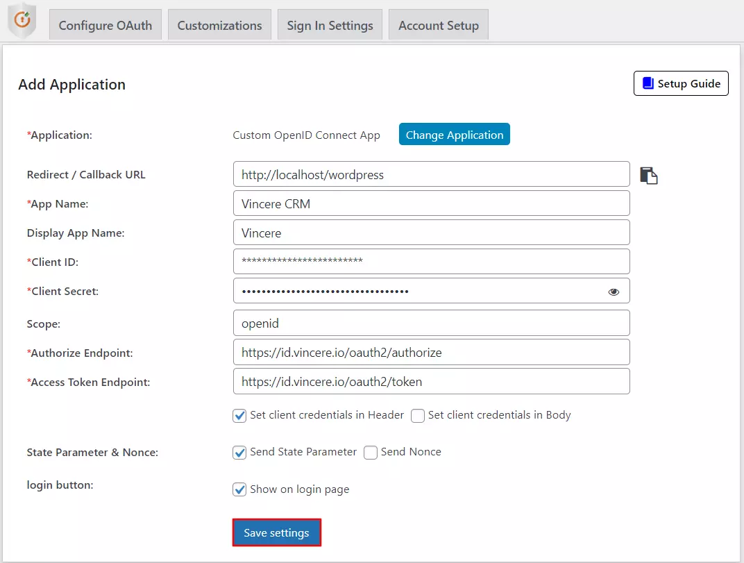 Vincere CRM Single Sign-On (SSO) OAuth/OpenID WordPress save settings