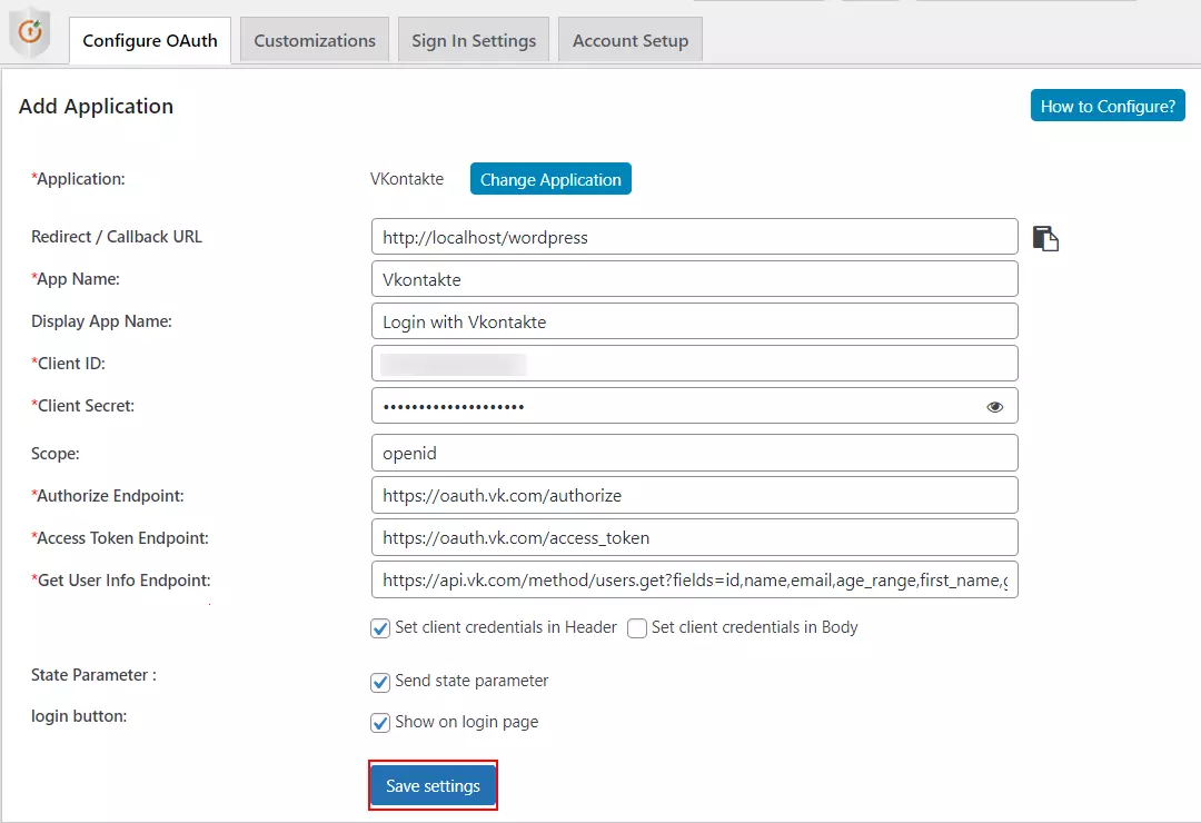 Paramètres de sauvegarde de vkontakte Single Sign-On (SSO) OAuth/OpenID WordPress