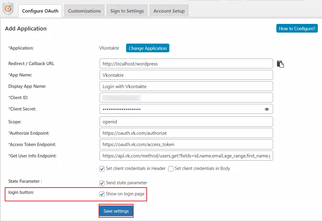 Vkontakte Single Sign-on (SSO) - WordPress create-newclient login button setting