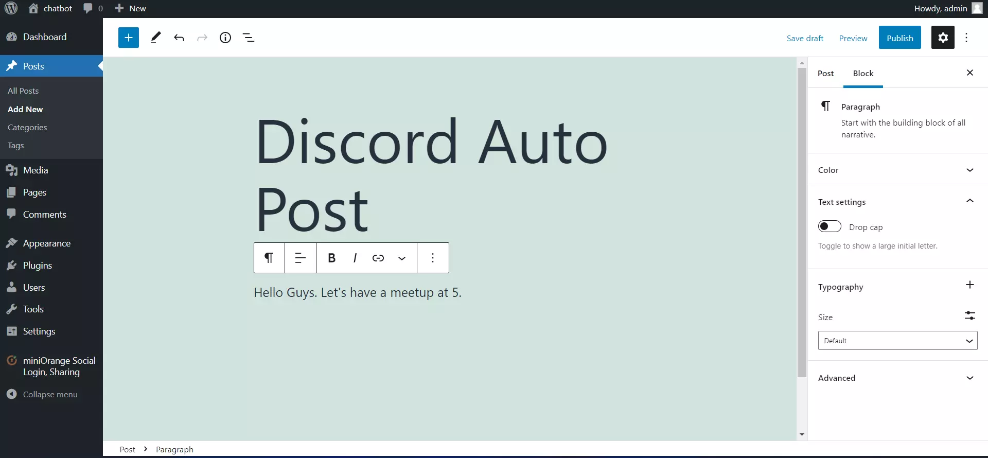 enter title nd content to automatically post wordpress post to discord server