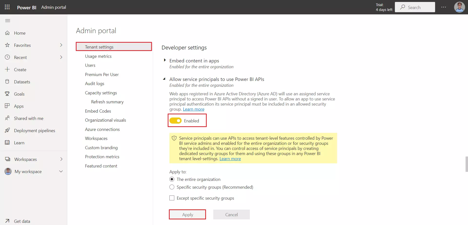 WP PowerBI Embed with row level security | Enable the toggle