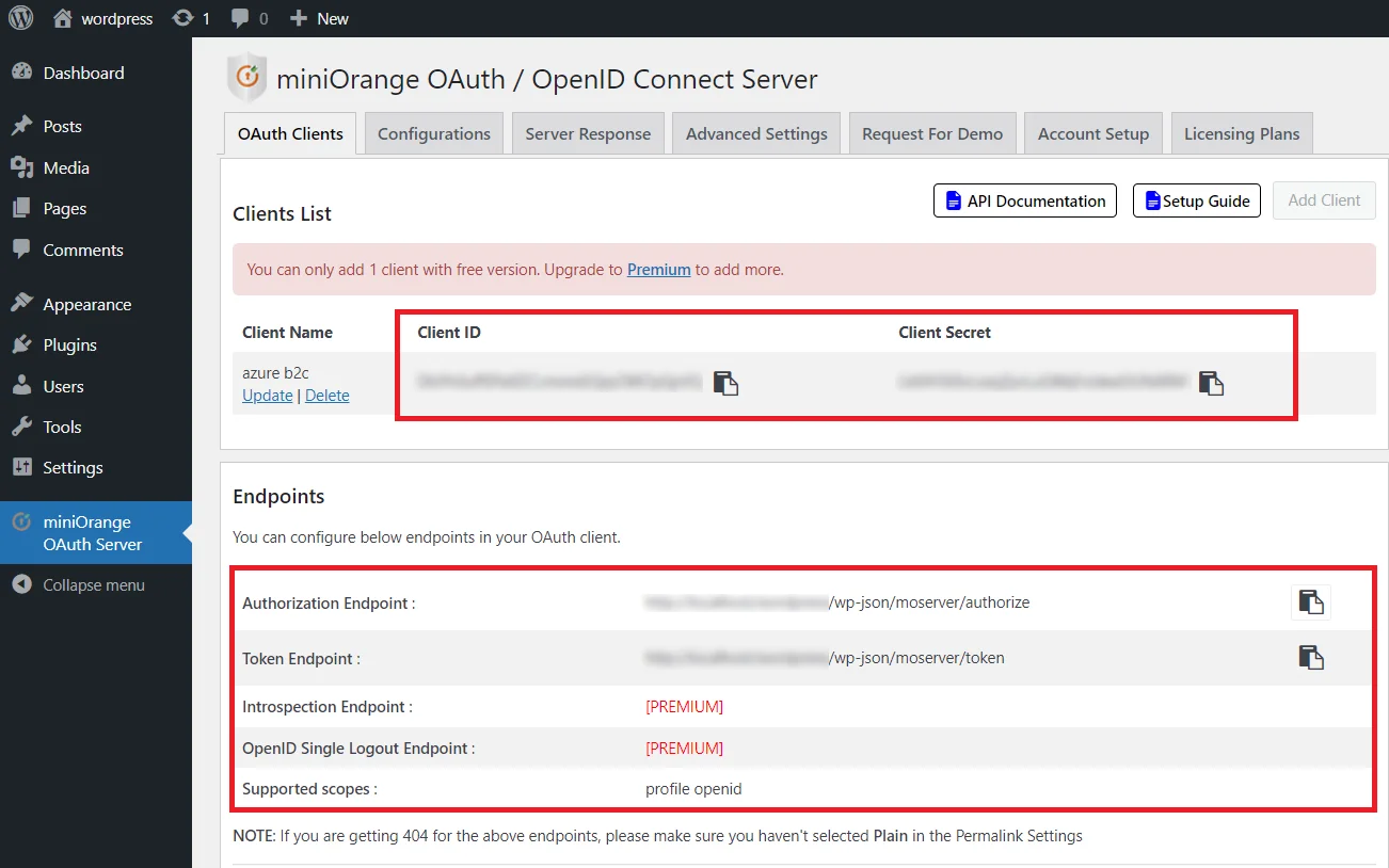 OAuth server Single Sign-On(SSO)WordPress- Azure B2C configuration