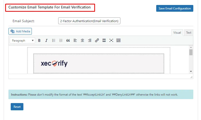 wordPress 2FA google authenticator  - Customize Email  verification tab