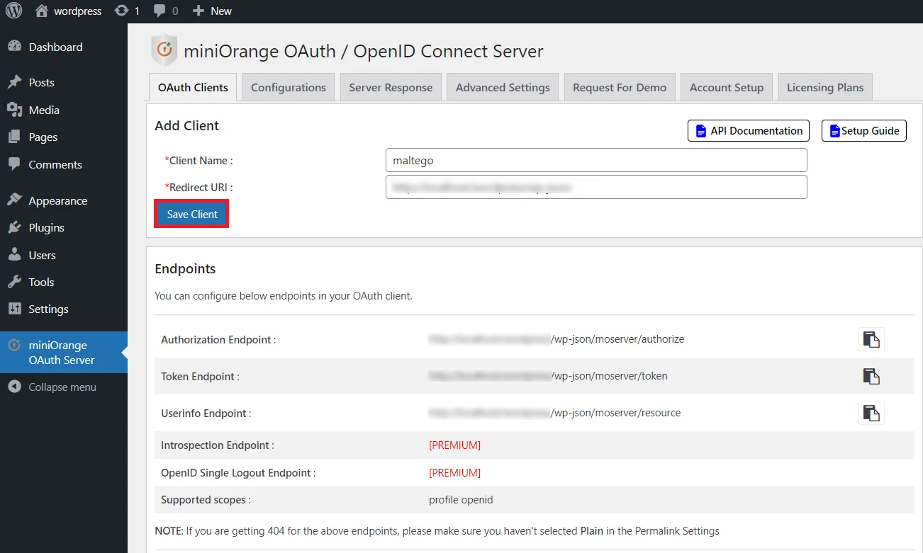 OAuth server Single Sign-On(SSO)WordPress- Maltego Redirect URI 