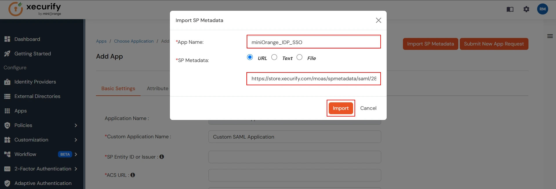 miniorange Shopify SSO: inicie sesión con miniorange shopify ingrese el nombre y los metadatos sp