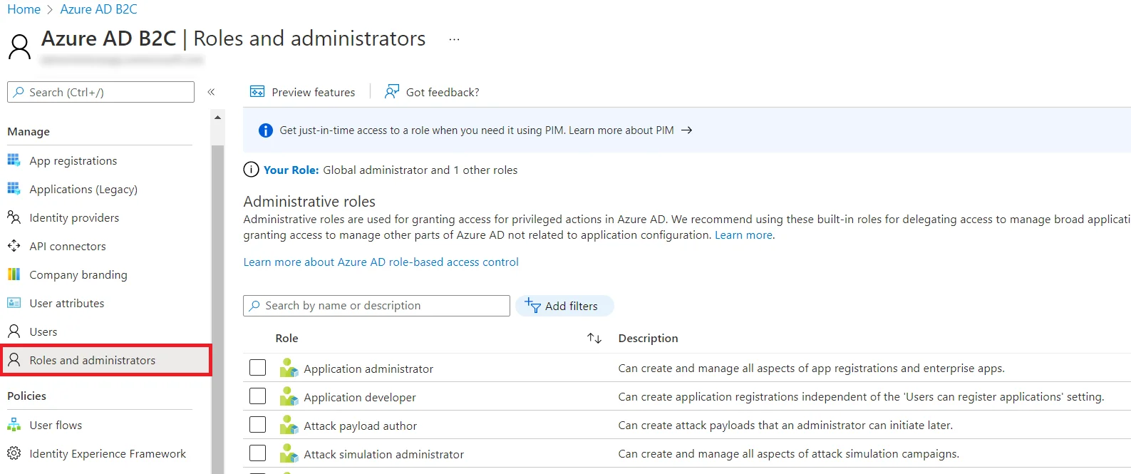 Azure B2C B2C Single Sign-on (SSO) -role and administrator