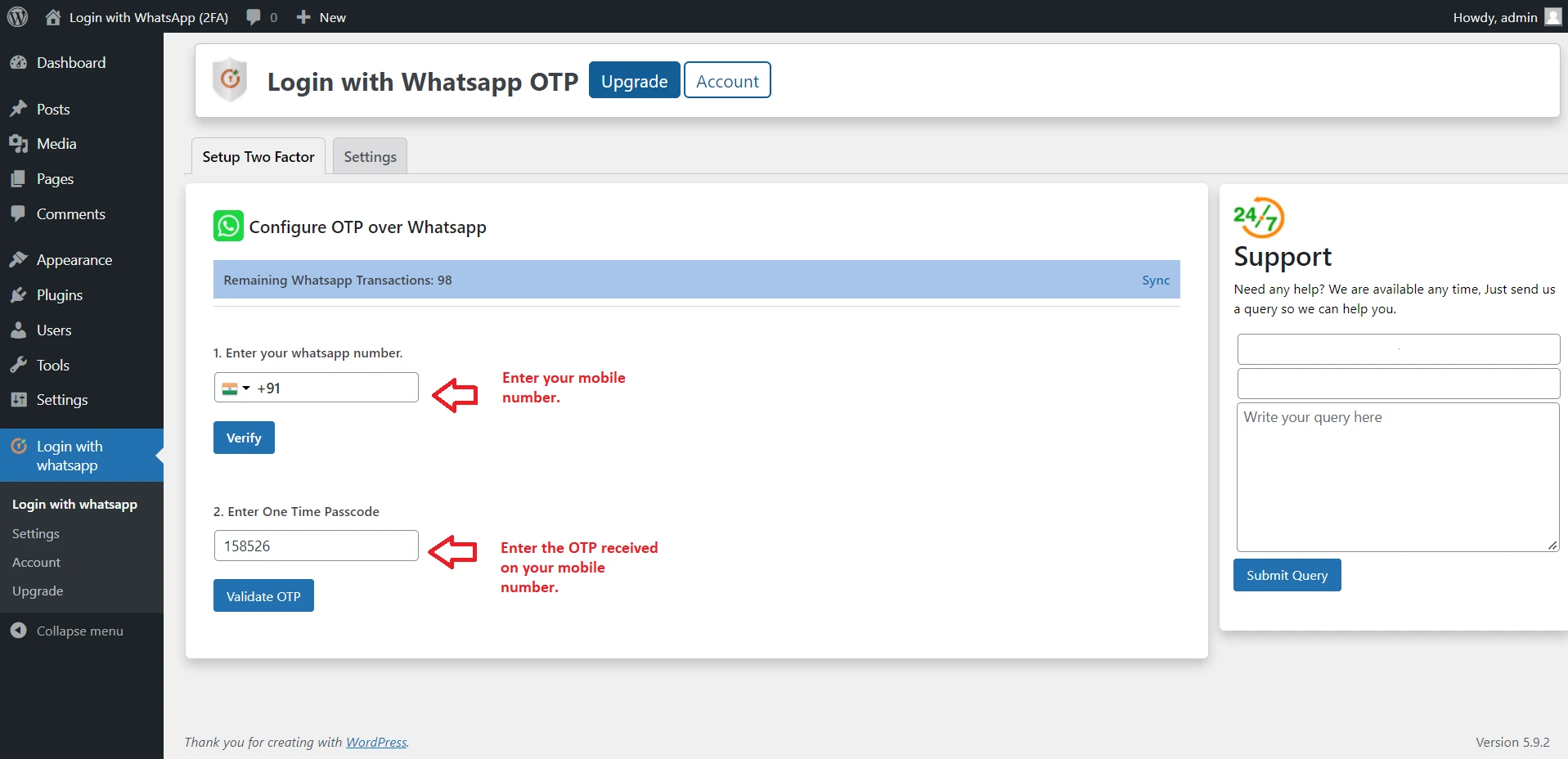 Click Configure Button of OTP Over WhatsApp