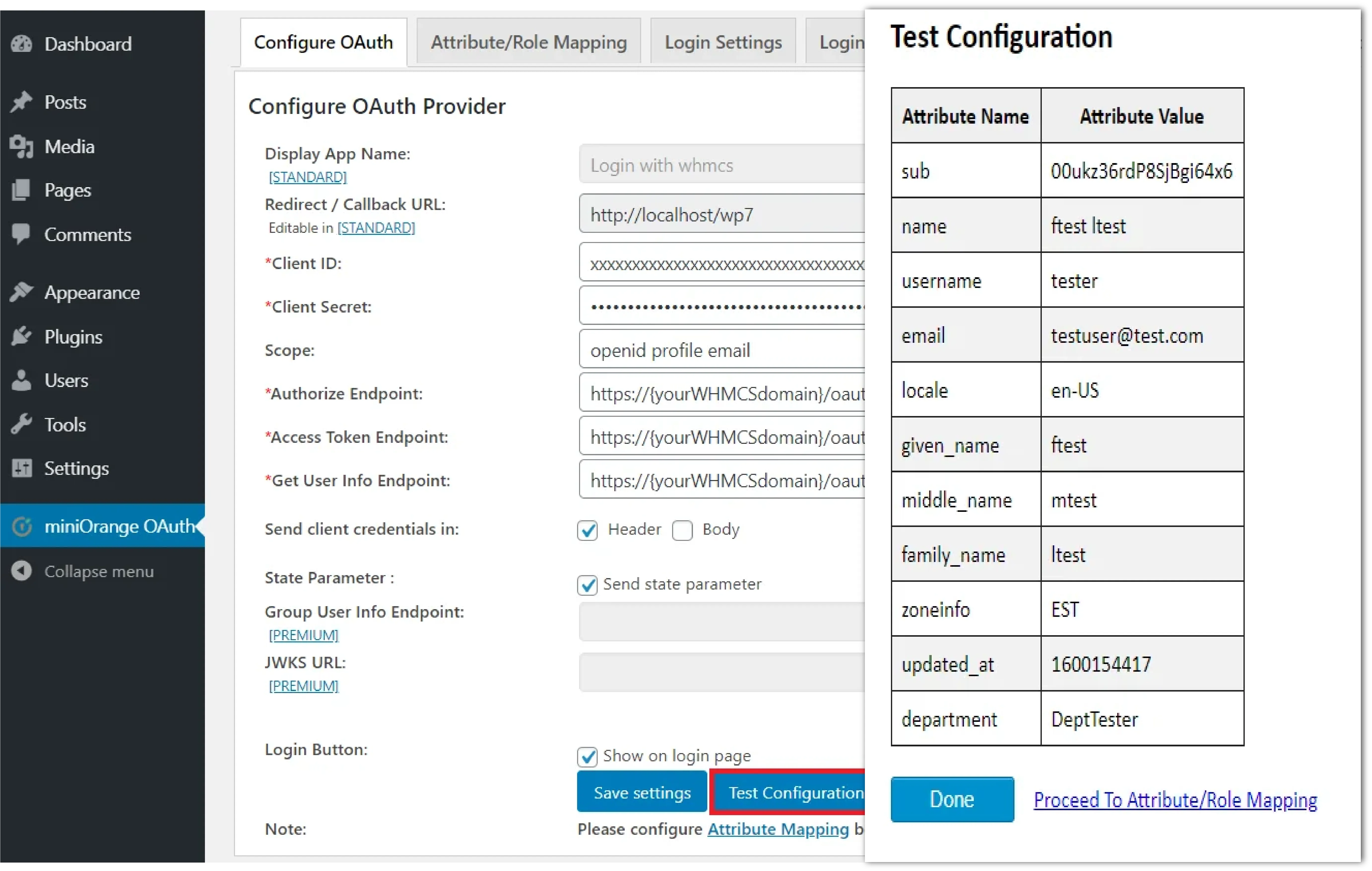 WHMCS SSO with WHMCS WordPress Plugin -  test congifuration
