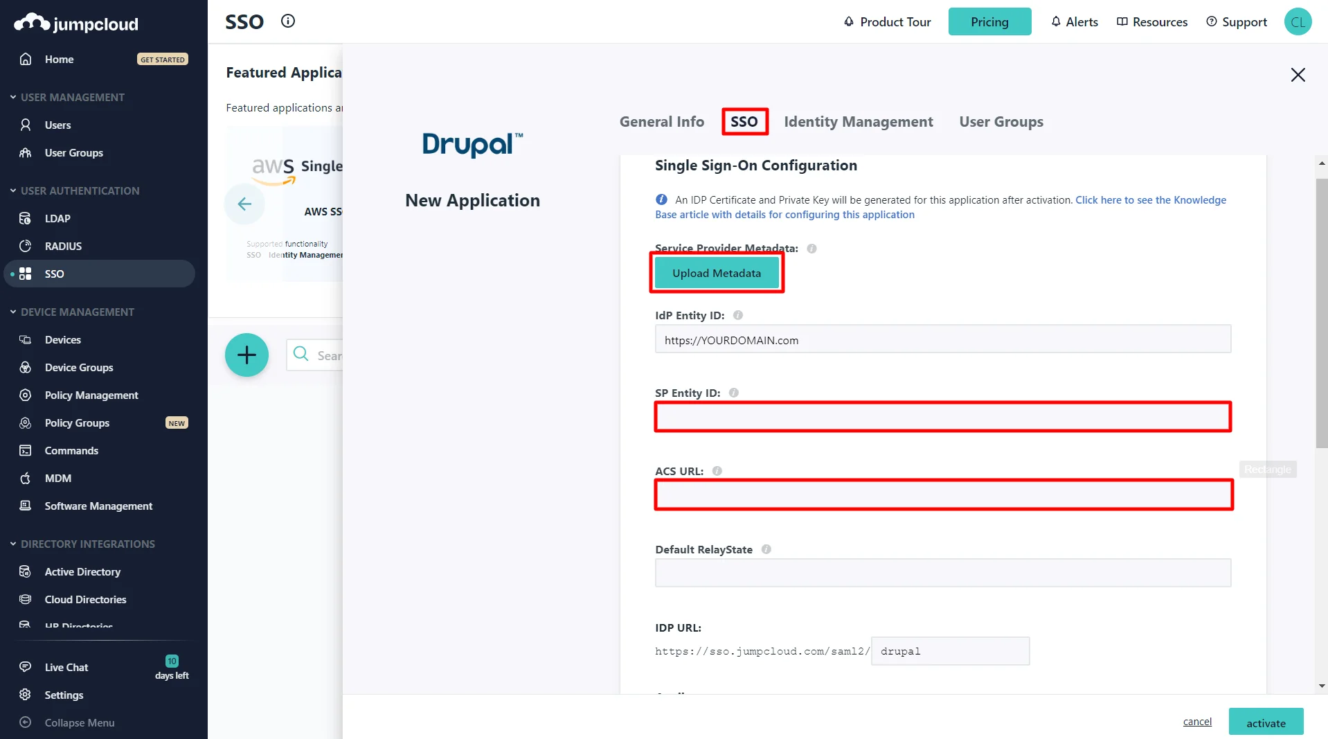 jumpcloud cross domain provisioning (scim) - either you can copy entity id and acs url from drupal saml sp module