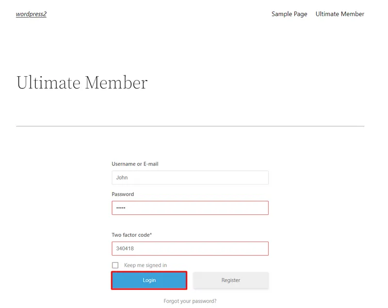 Google Authenticator field ultimate Member - enter login credentials