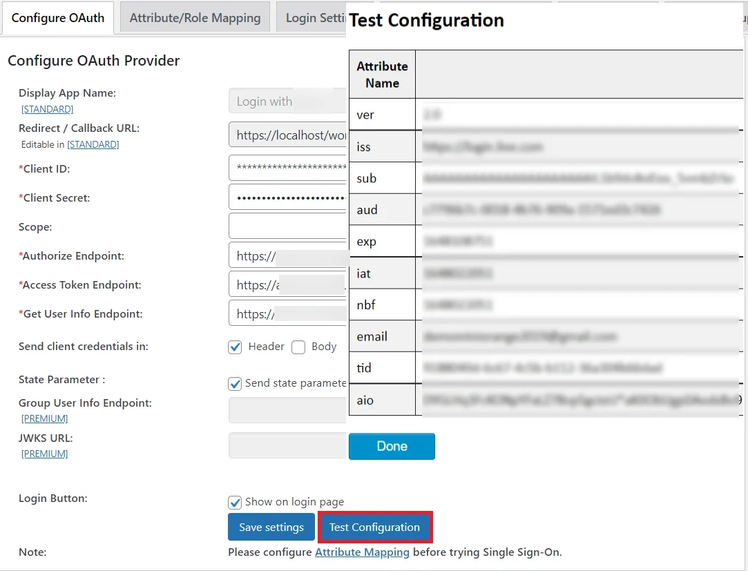 WordPress custom oauth  app sso : test congifuration