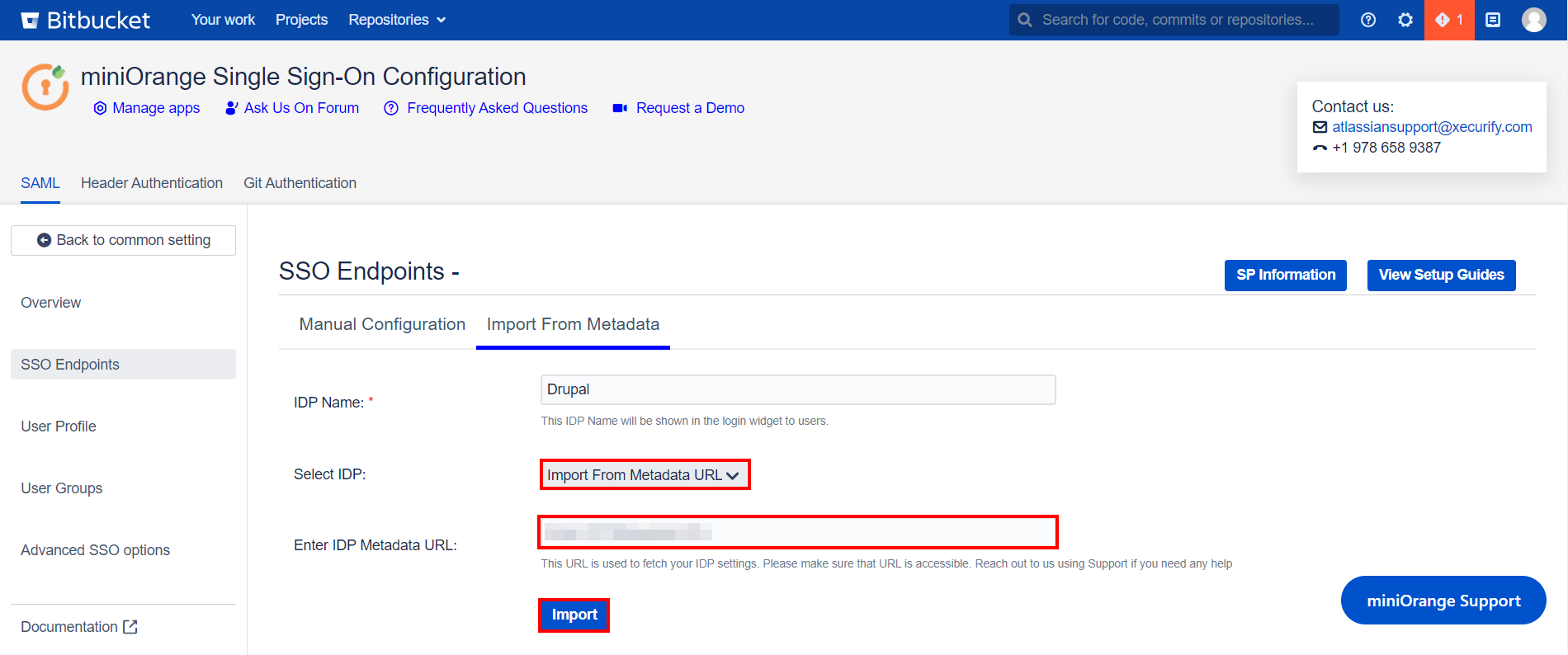 drupal SAML Single Sign-On (SSO) bitbucket Login-upload metadata url