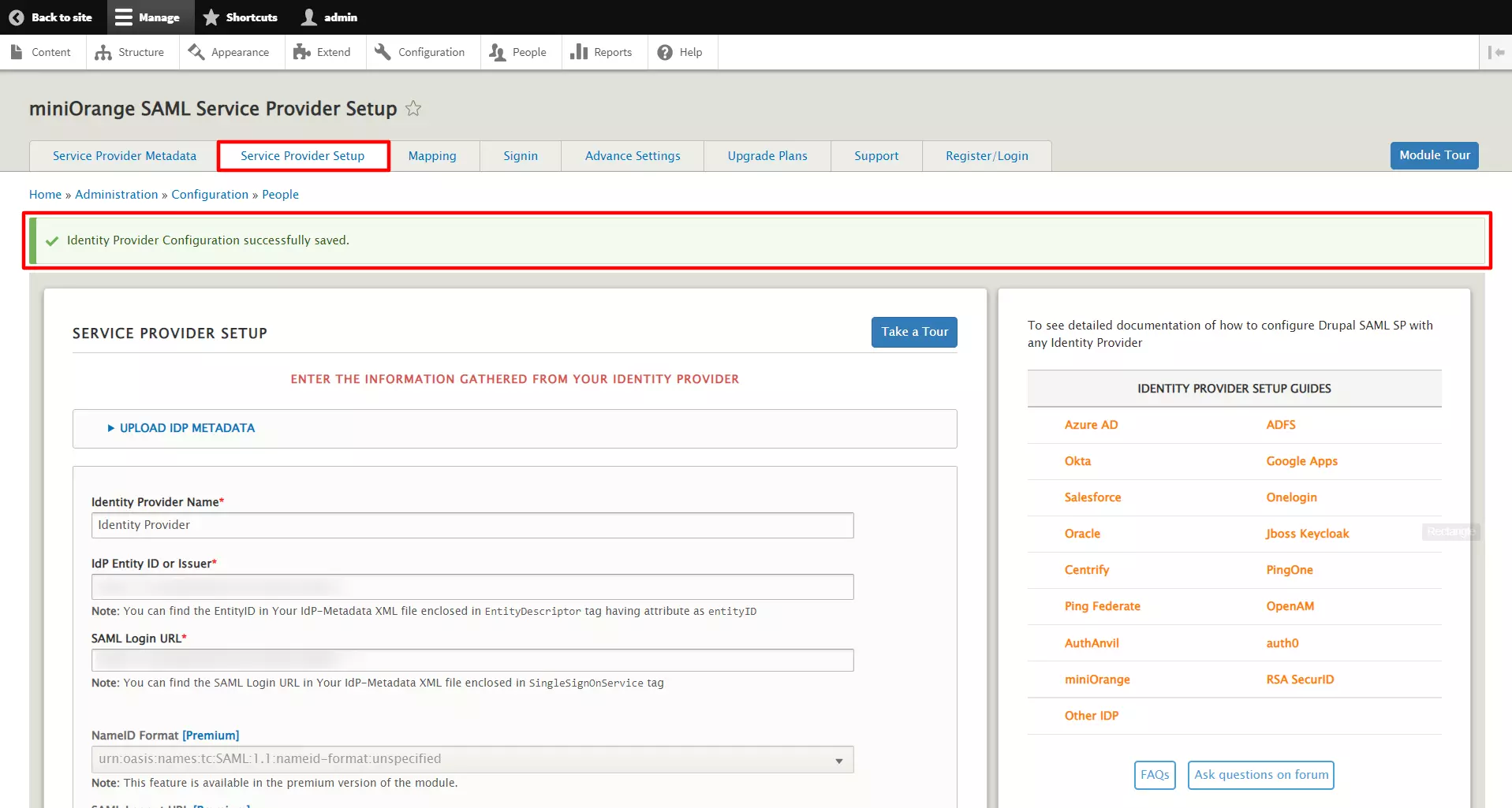 drupal saml service provider (scim) - your jumpcloud information successfully saved