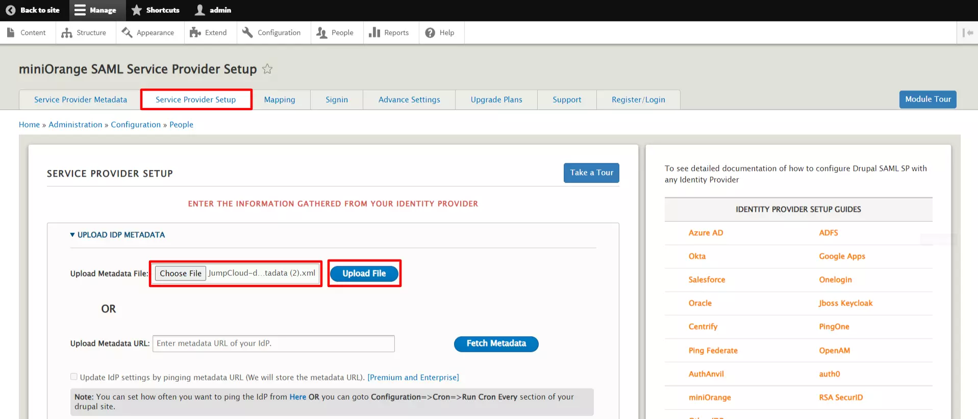 drupal saml service provider (scim) - upload metadata file from drupal saml sp module