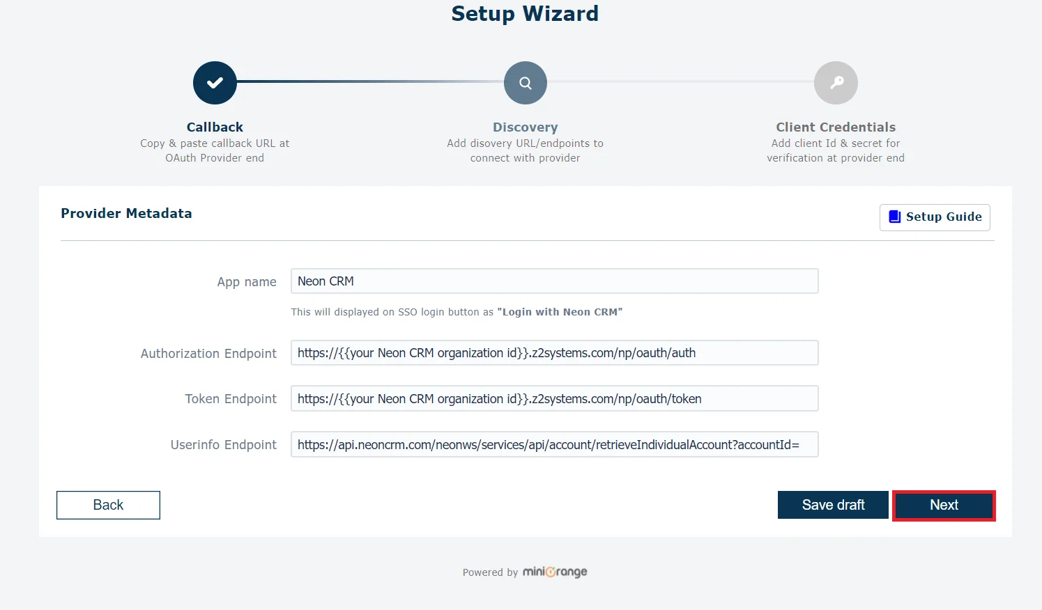 Neon CRM Single Sign-On (SSO) - SSO endpoints save settings