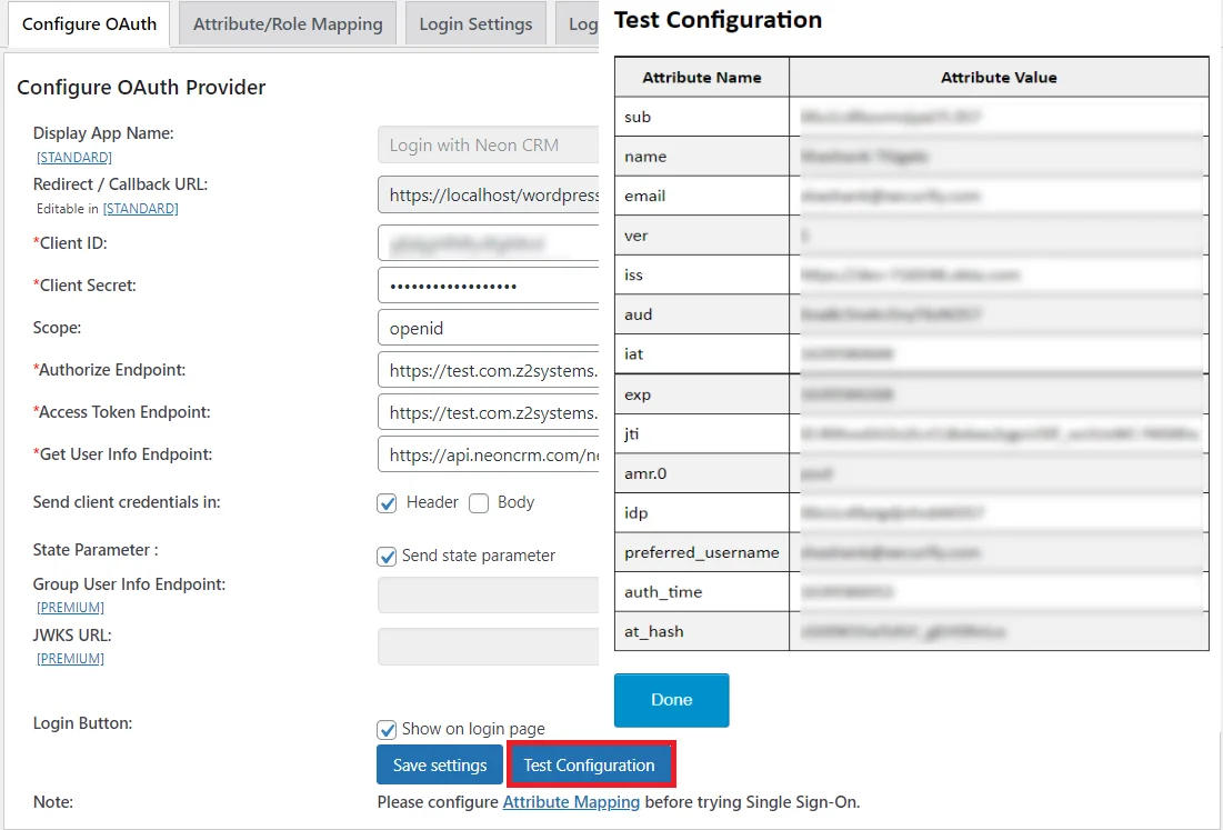 Neon CRM Single Sign-on (SSO) - OAuth Test Configuration