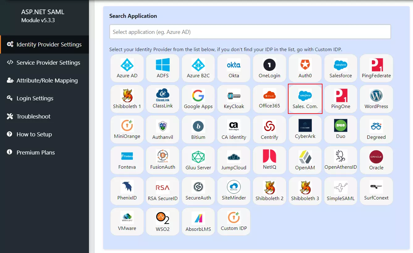 asp.net saml single sign-on using Salesforce Community as IdP, select app