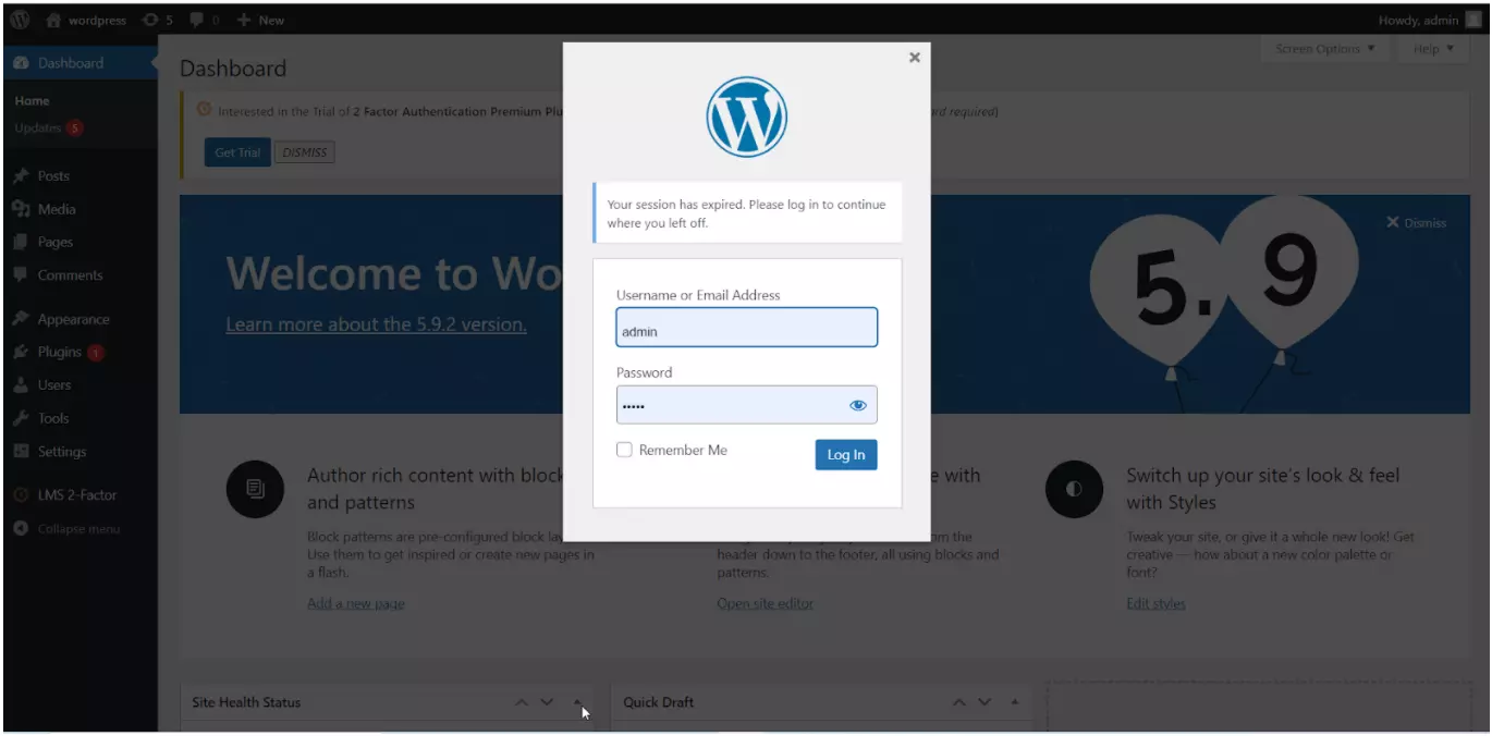 wordpress 2FA authentication for lms - session expired login again