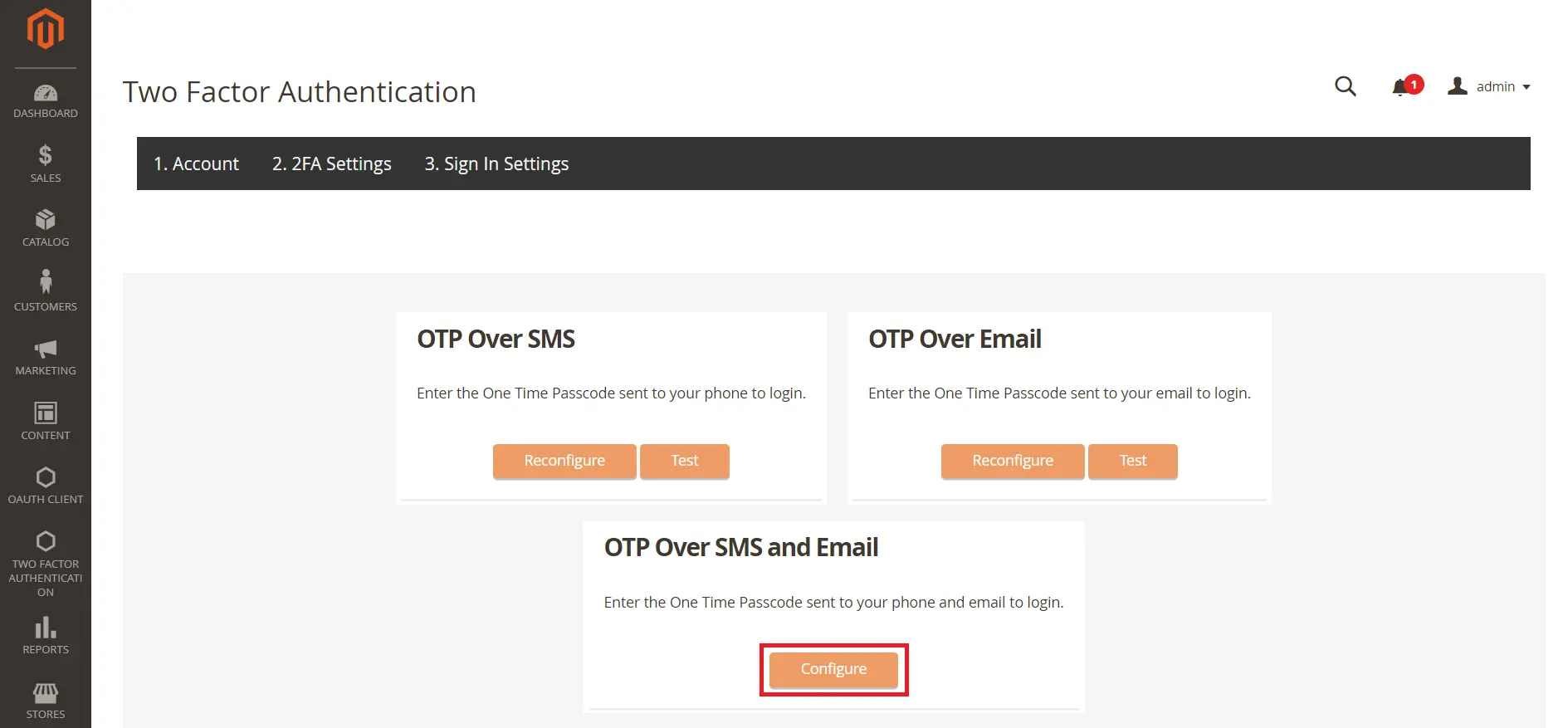 Magento 2 Factor Authentication configure otp over sms and email