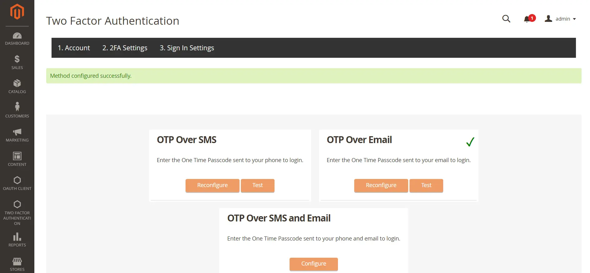 Magento 2 Factor Authentication OTP over SMS Successfully configured OTP Over SMS method