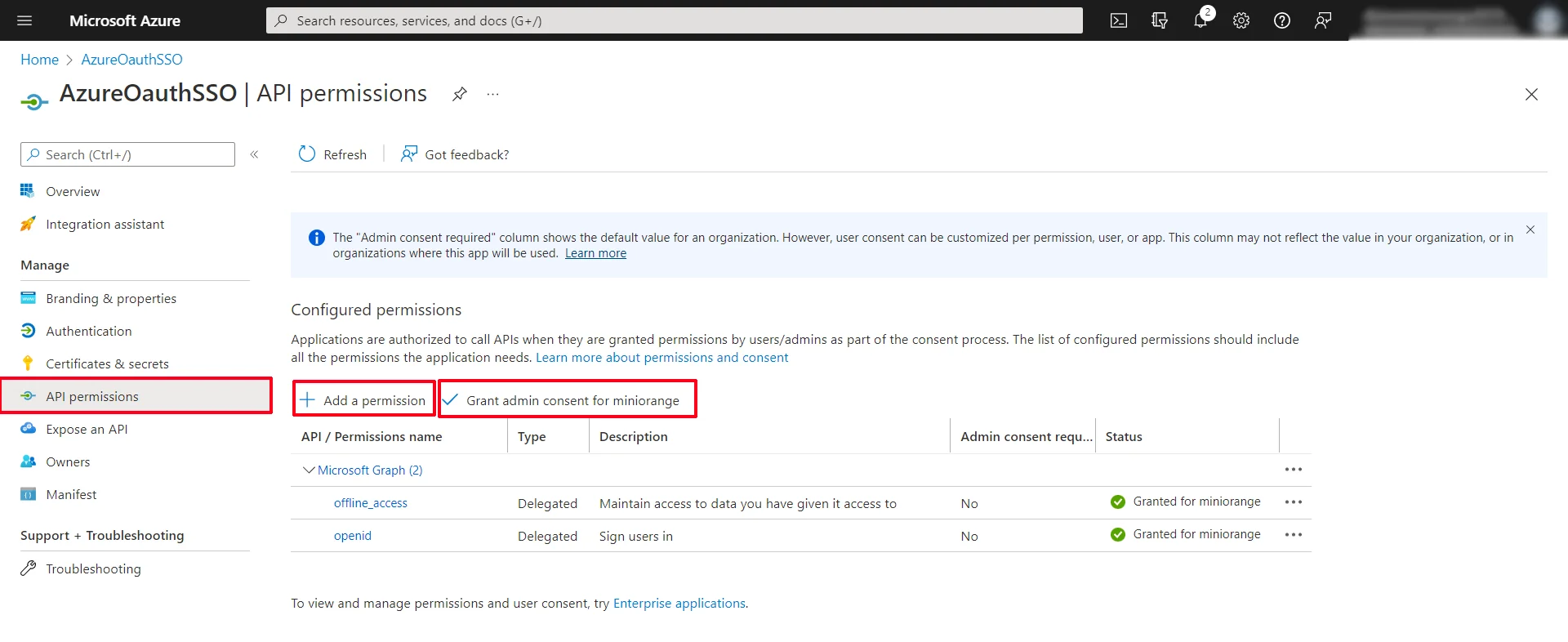 (Microsoft Entra ID) Azure AD oauth SSO shopify - API Permissions