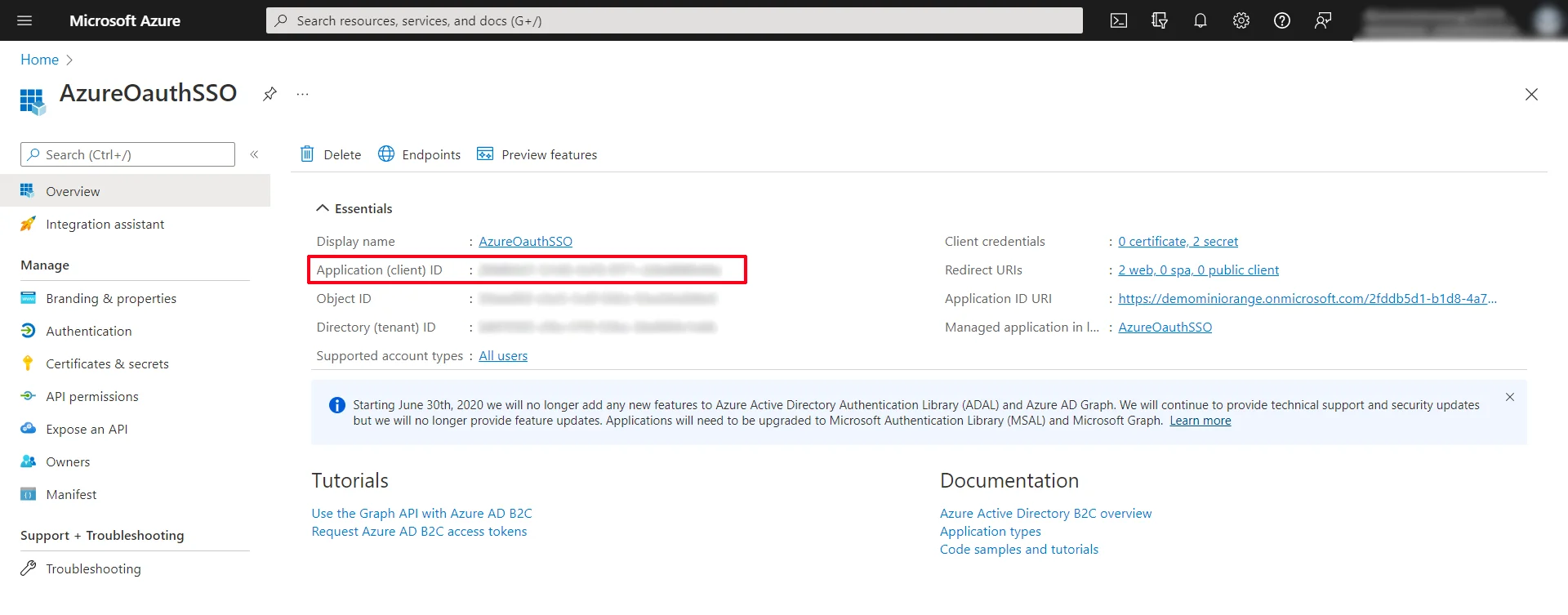 Azure AD oauth SSO shopify - application ID or client ID