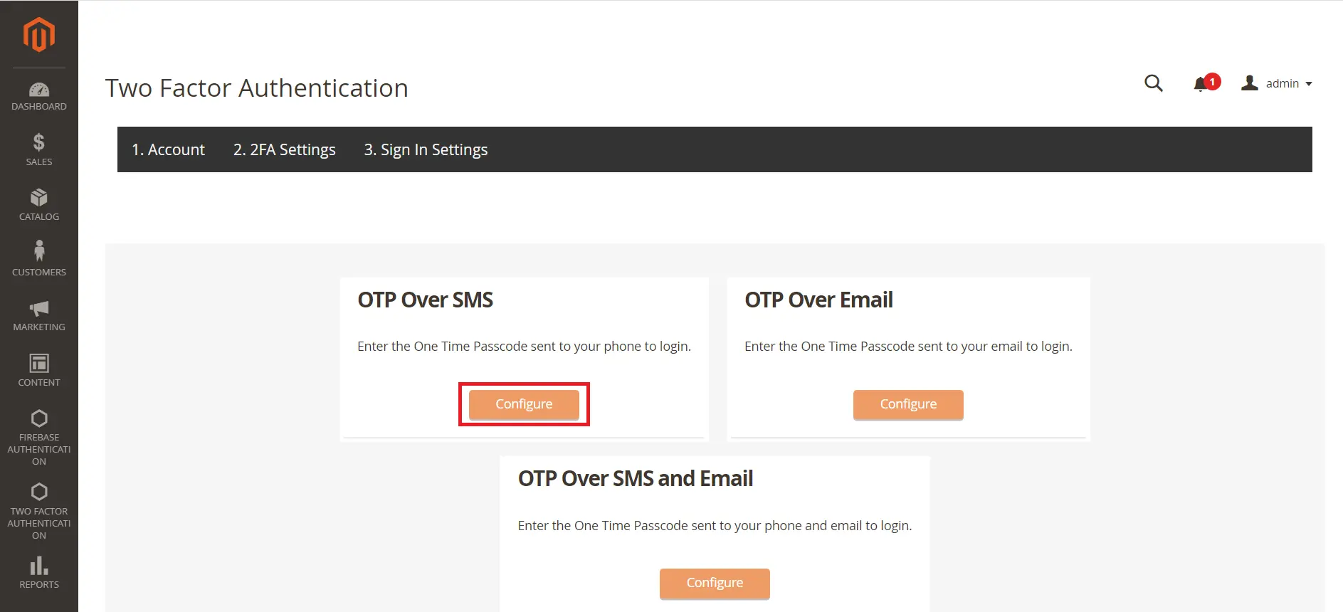 OTP Over SMS method Magento 2 Factor Authentication