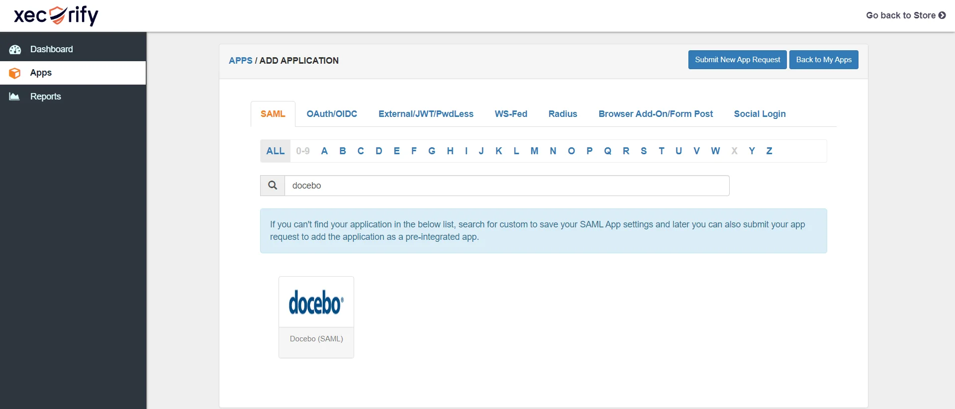 docebo shopify Single sign-on (SSO) - select docebo application