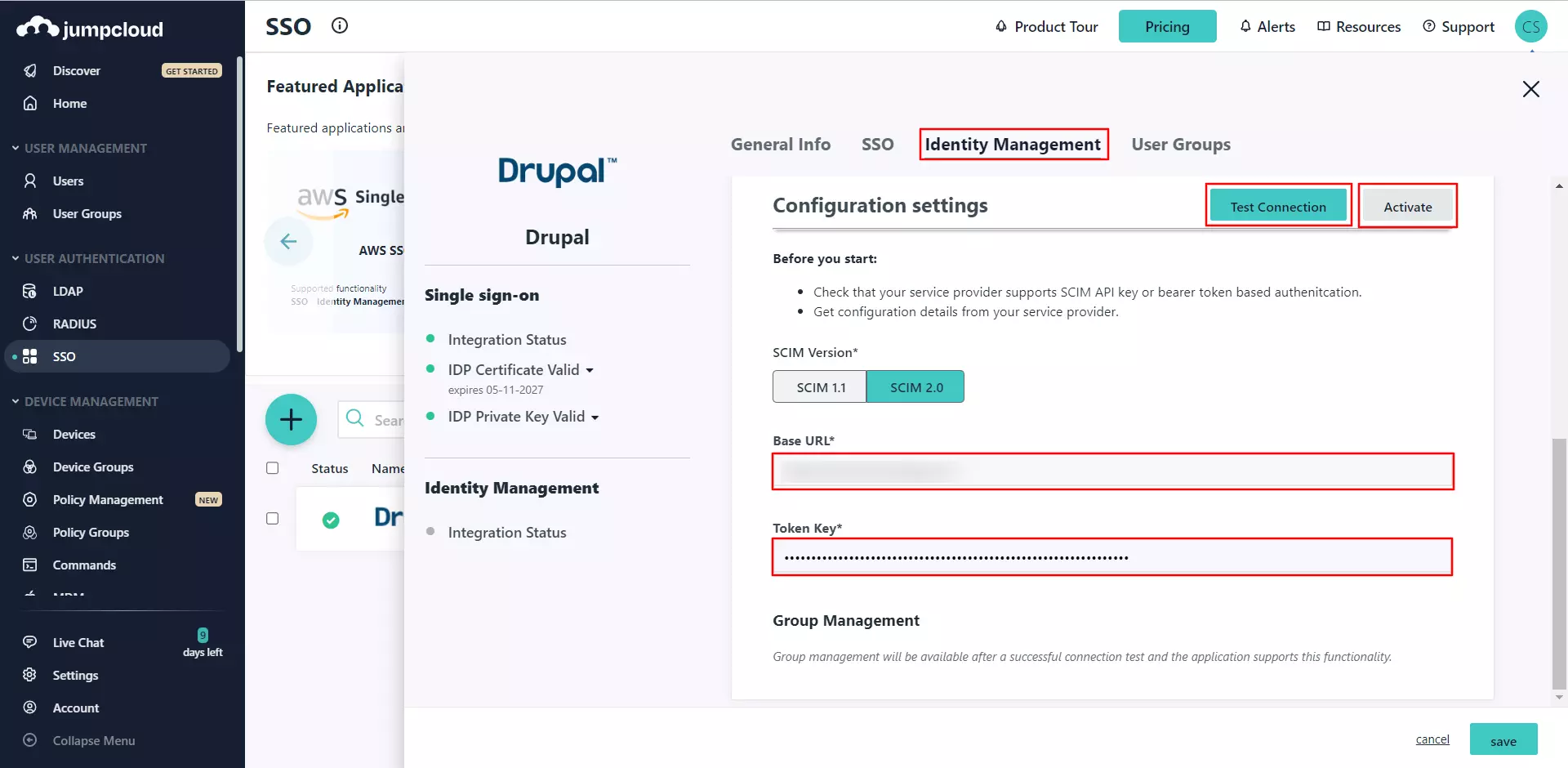 jumcloud scim user provisiong - go to identity managementtab and enter base url & token key