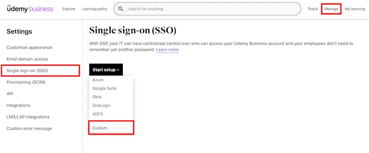 SAML Single Sign-On (SSO) using Udemy (SP), select single sign on