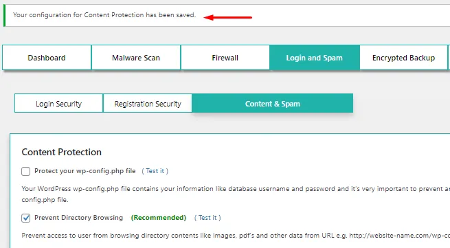 Content & Spam - successfully configured Prevent Directory Browsing 