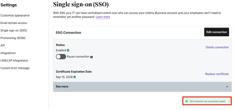 SAML Single Sign-On (SSO) using Udemy (SP), show message sso connection was succesfully saved