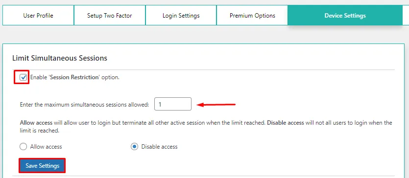 Session Restriction – disable access in user  