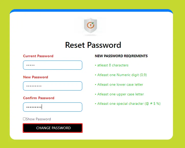  miniOrange Password policy – Reset Password page