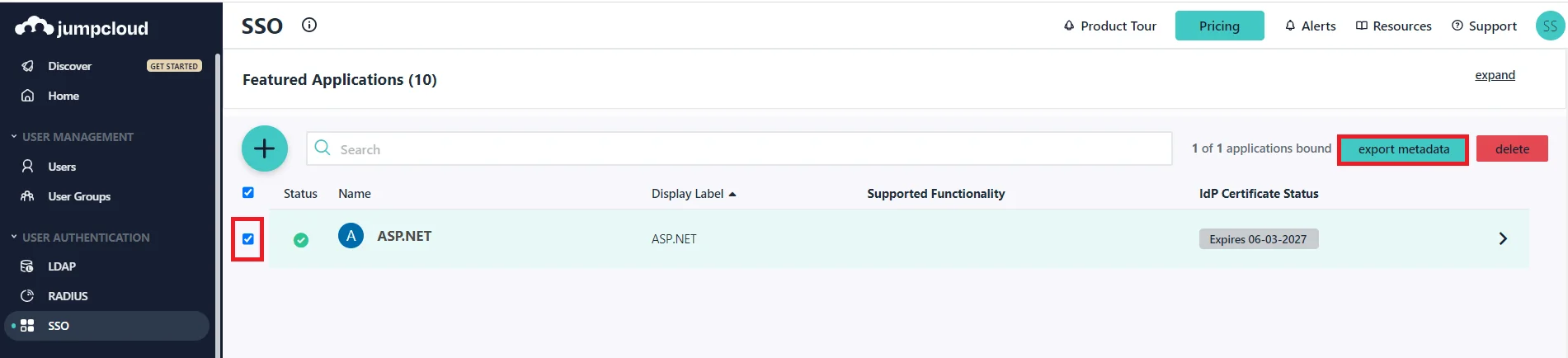 ASP.NET SAML Single Sign-On (SSO) using JumpCloud as IDP - JumpCloud SSO Login export metadata