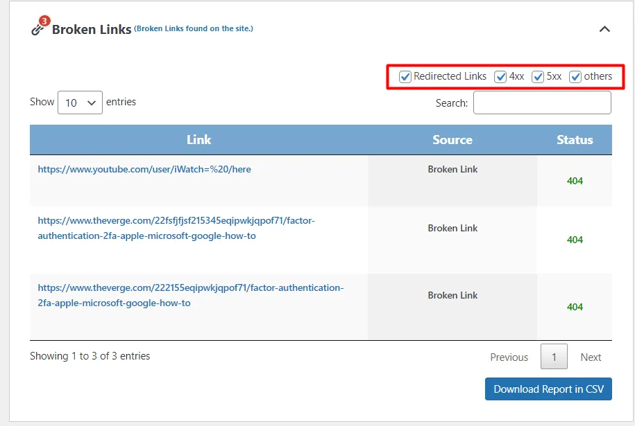 Broken Link Finder/Checker - Filtrera med statuskod