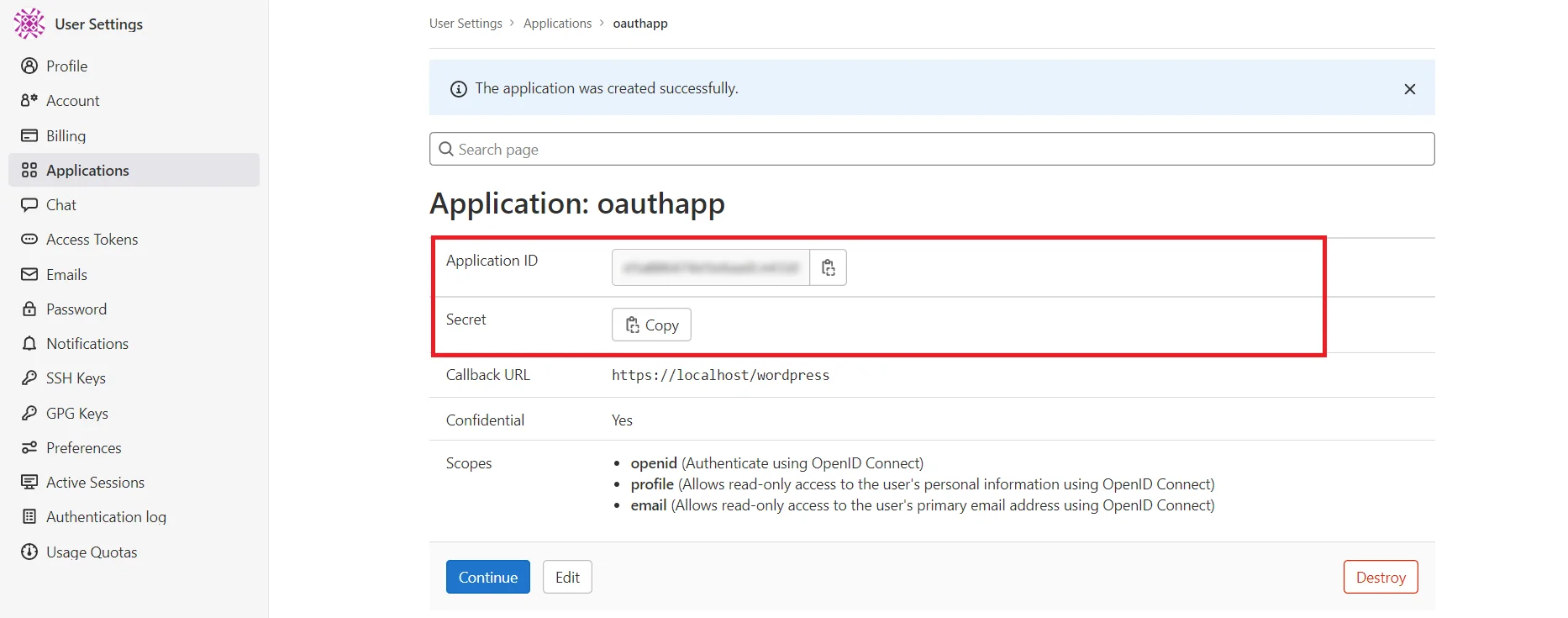 Gitlab Single Sign-On (SSO) OAuth - Copy client credentials