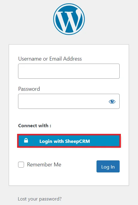 SheepCRM Single Sign-on (SSO) - WordPress create-newclient login button setting