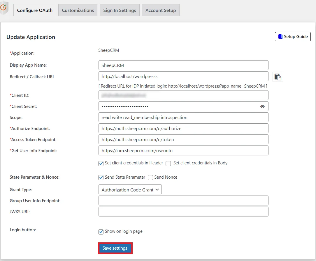 SheepCRM Single Sign-On (SSO) OAuth - Add Grant Type