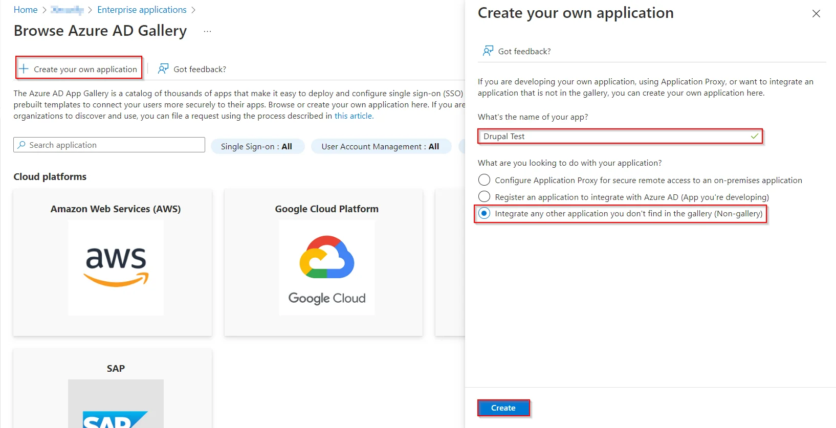 Microsoft Azure AD User Provisioning and Sync - Create your own application, enter app name, and select Non-Gallery