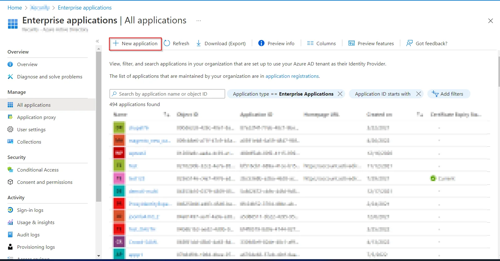 Microsoft Azure AD User Provisioning and Sync - click on New Appplication